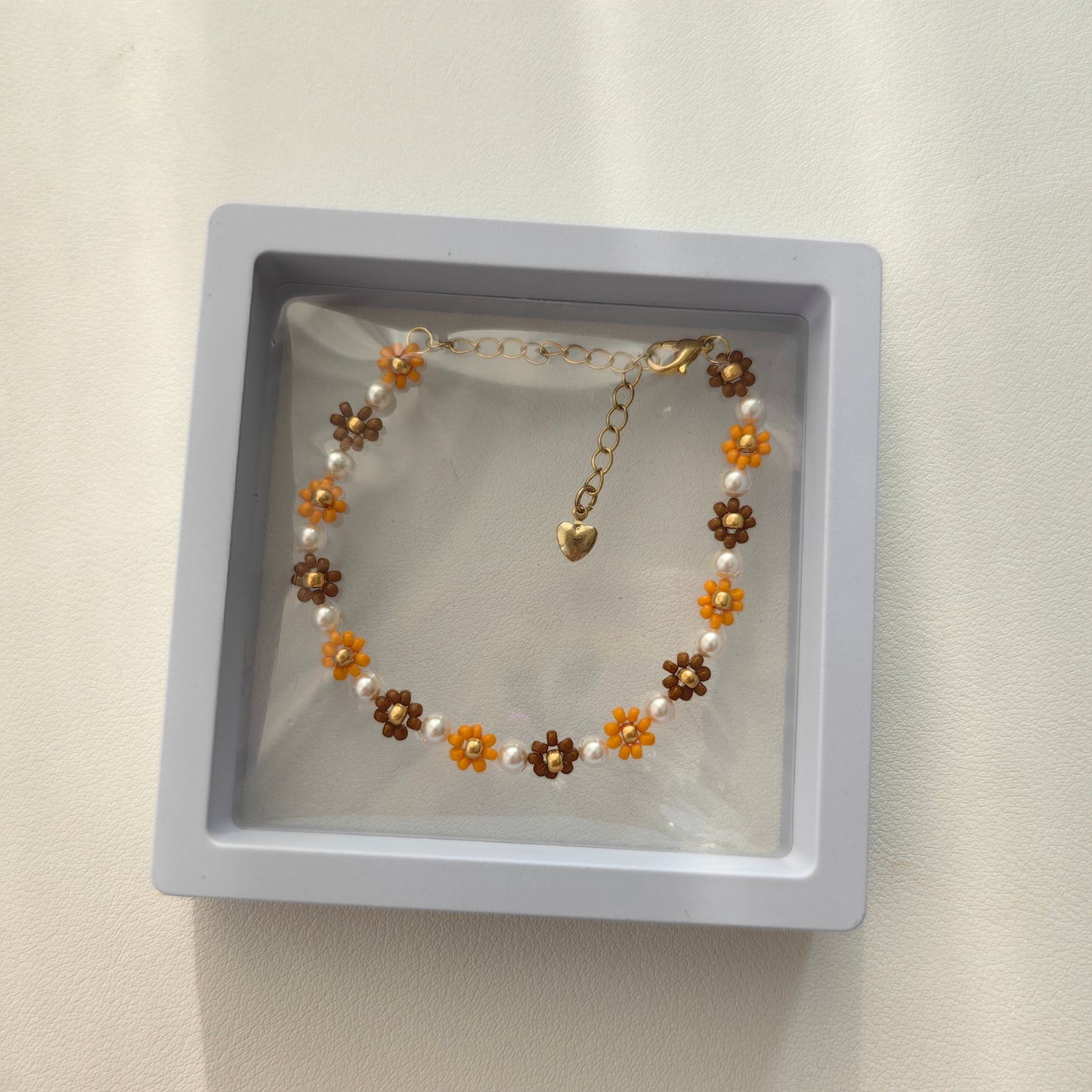 Autumn seed bead flower bracelet with pearl in gift box, handmade jewelry ready for gifting