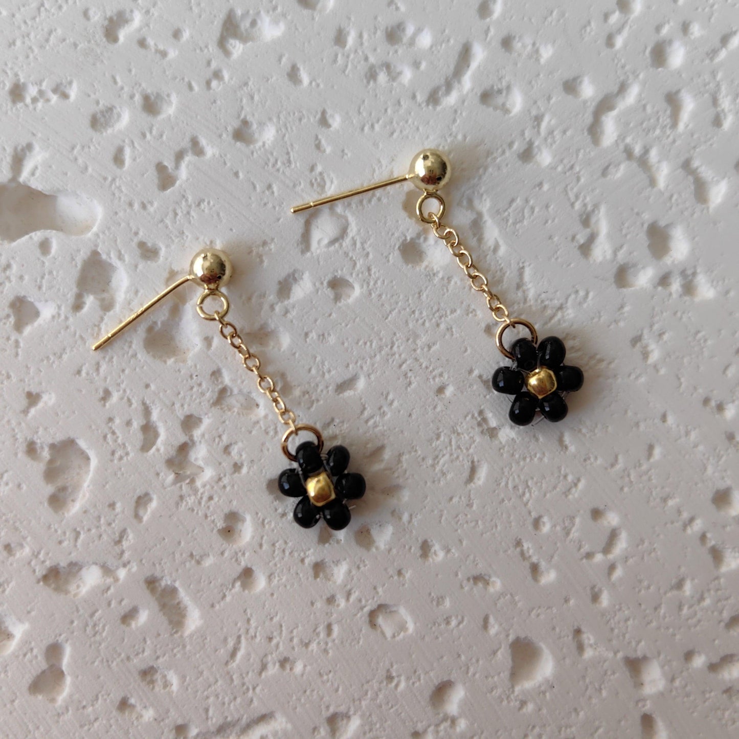 Black Daisy Earrings, handmade 3mm seed bead floral earrings