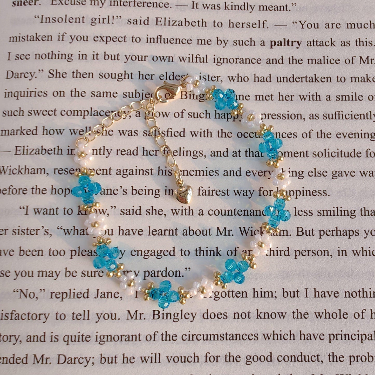 Lake blue Crystal & White Seed Bead Bracelet on white background