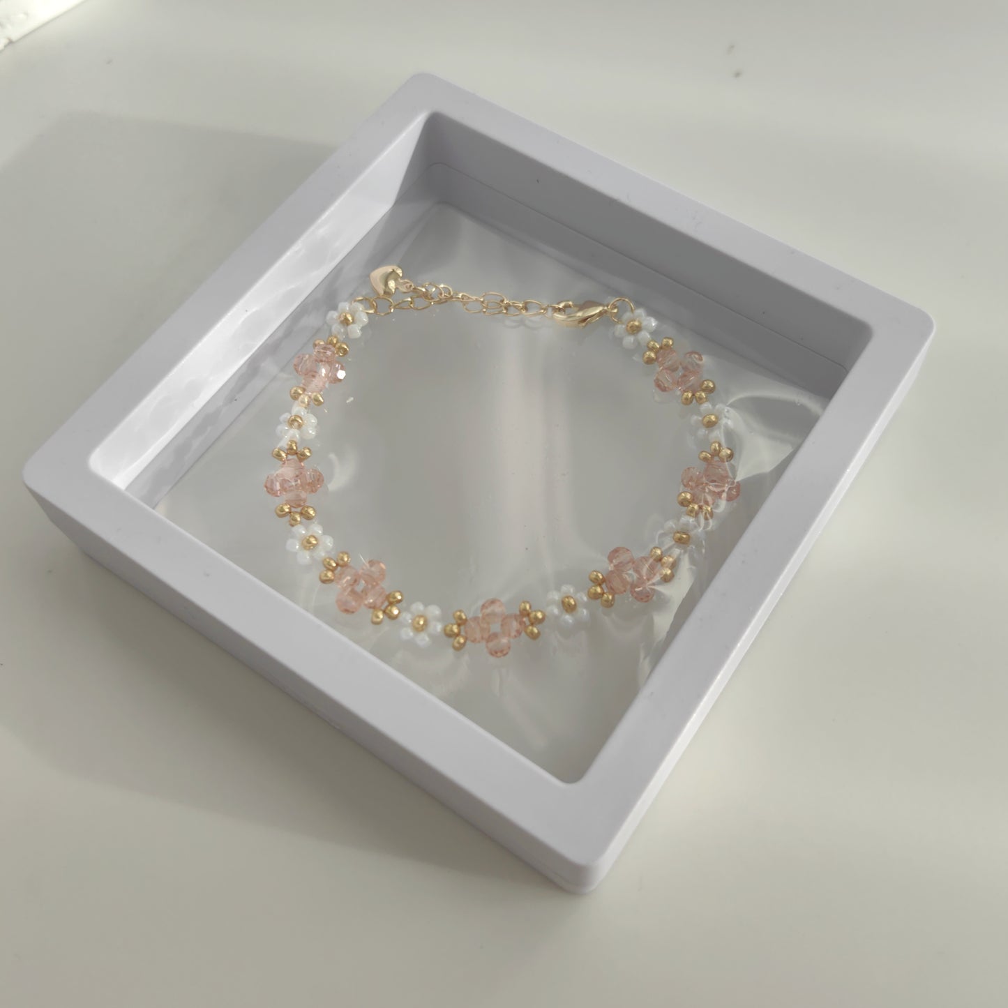 Soft pink Crystal & White Seed Bead Bracelet in gift box