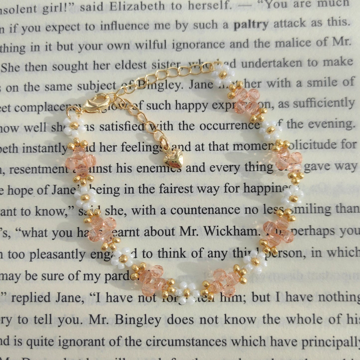 Soft pink Crystal & White Seed Bead Bracelet on white background