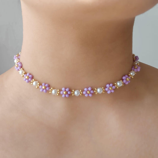Lavender pearl necklace worn on neck with 3mm purple seed beads and 5mm freshwater pearls