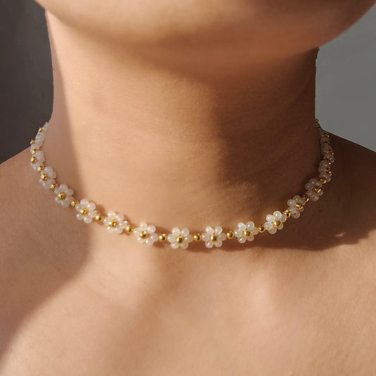 Lotus Necklace worn on neck, handmade white glass seed bead necklace with minimalist style