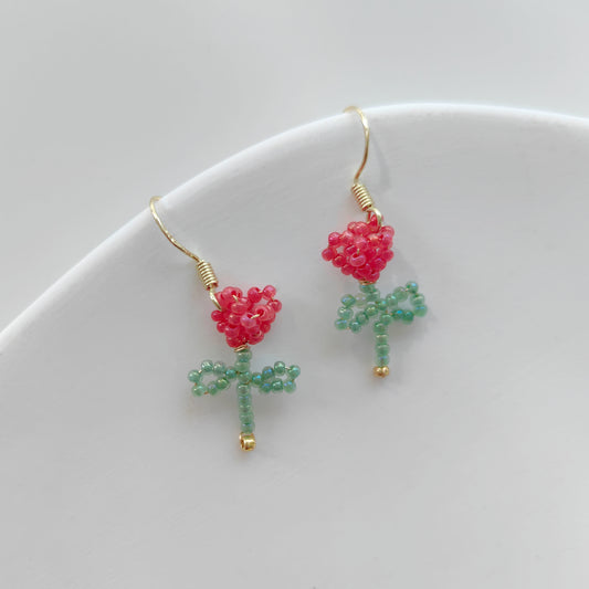 Red and green tulip shaped beaded drop earrings
