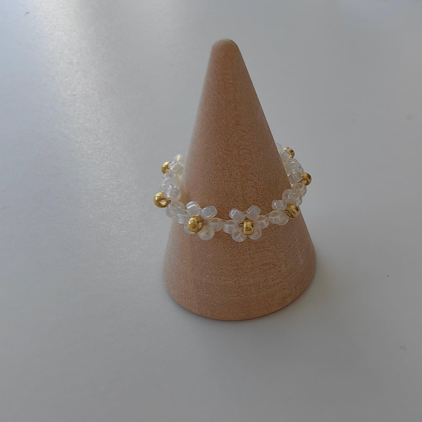 White Fairytale 2mm seed bead ring minimalist beaded ring display