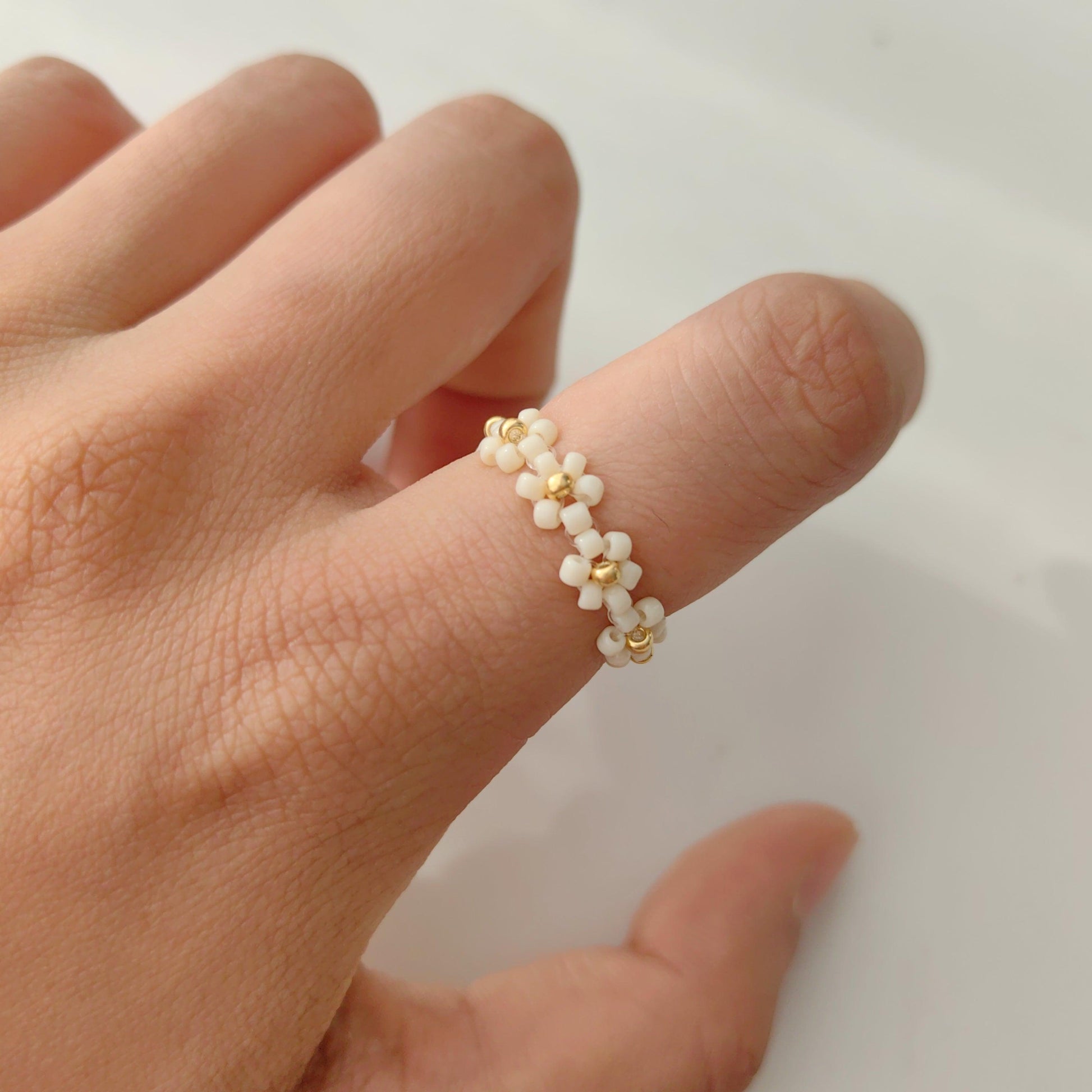 white beads flower ring