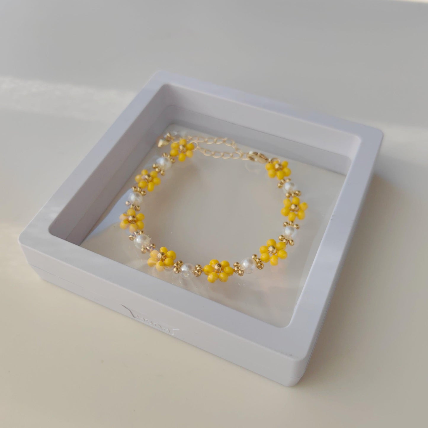 Yellow Pearl Blossom bracelet with seed beads and pearls in jewelry gift box